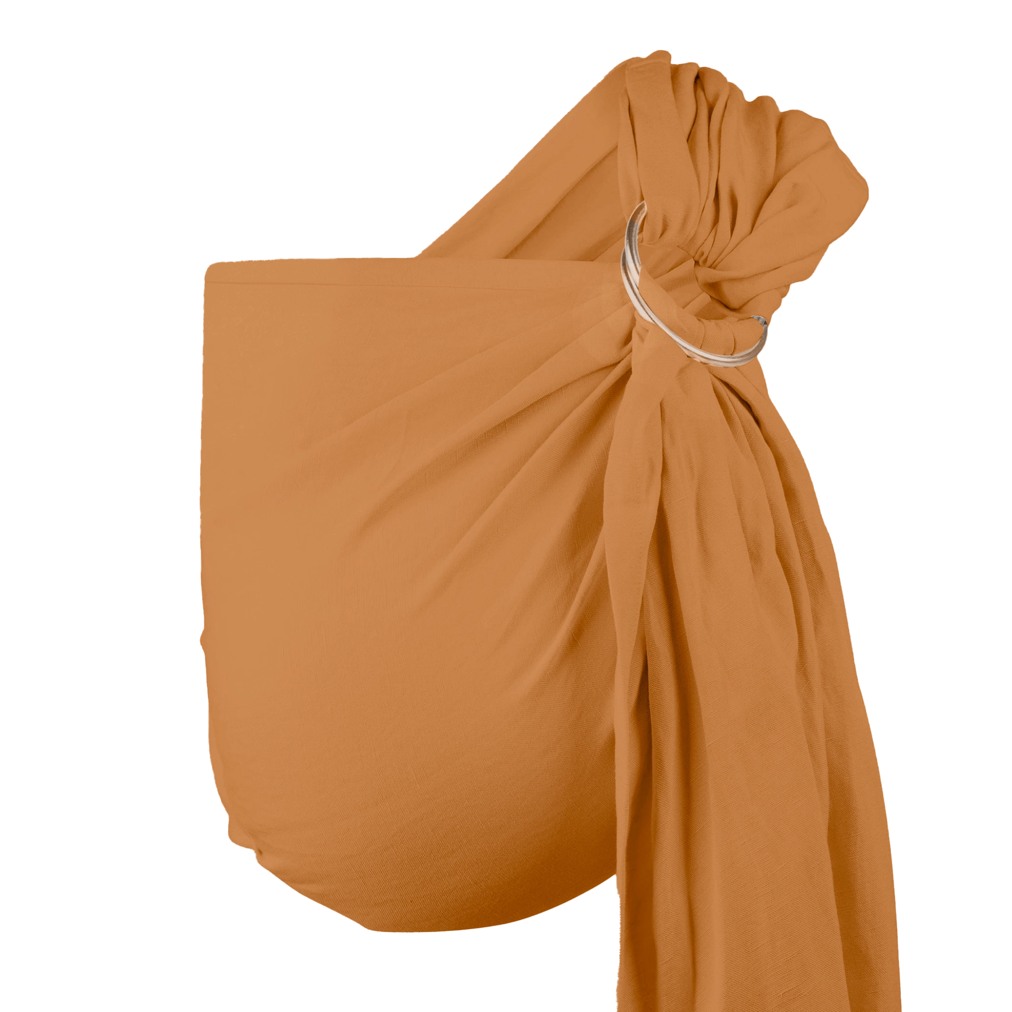 A Boba Ring Sling Baby Carrier made from a unique linen bamboo viscose fabric blend, perfect for all seasons. Lightweight and breathable, it stores compactly, ideal for newborn snuggles to toddler ups and downs (8 - 35Ibs). Rye Brown
