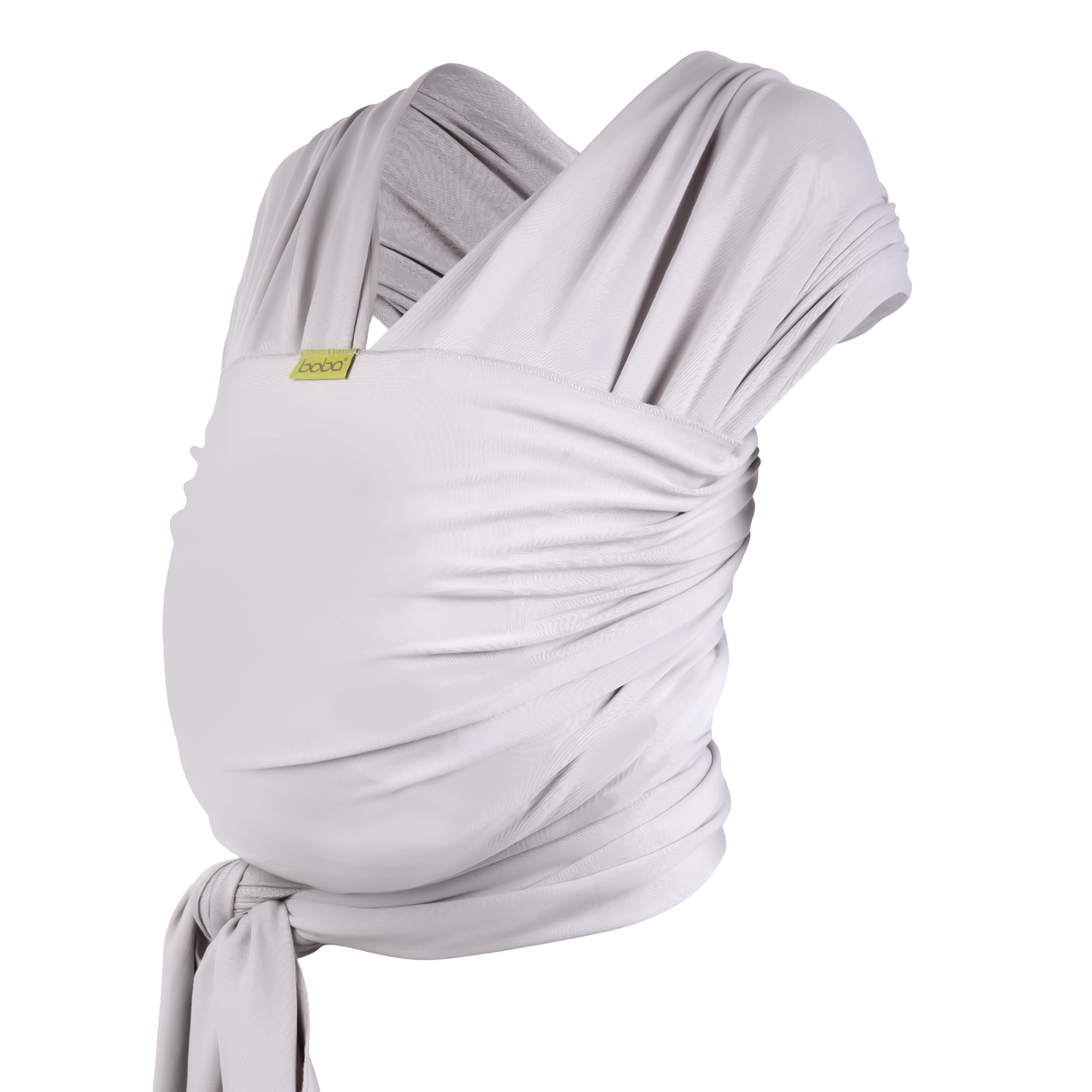 A Boba Serenity Baby Wrap, made from a buttery soft, extra breathable bamboo blend fabric (68% Viscose from Bamboo, 25% Cotton, 7% Spandex). Ergonomic, award-winning design fits babies from 7 Ibs to 35 Ibs, best up to 20 Ibs. Machine washable, dryer friendly, and certified hip-healthy. Light Gray