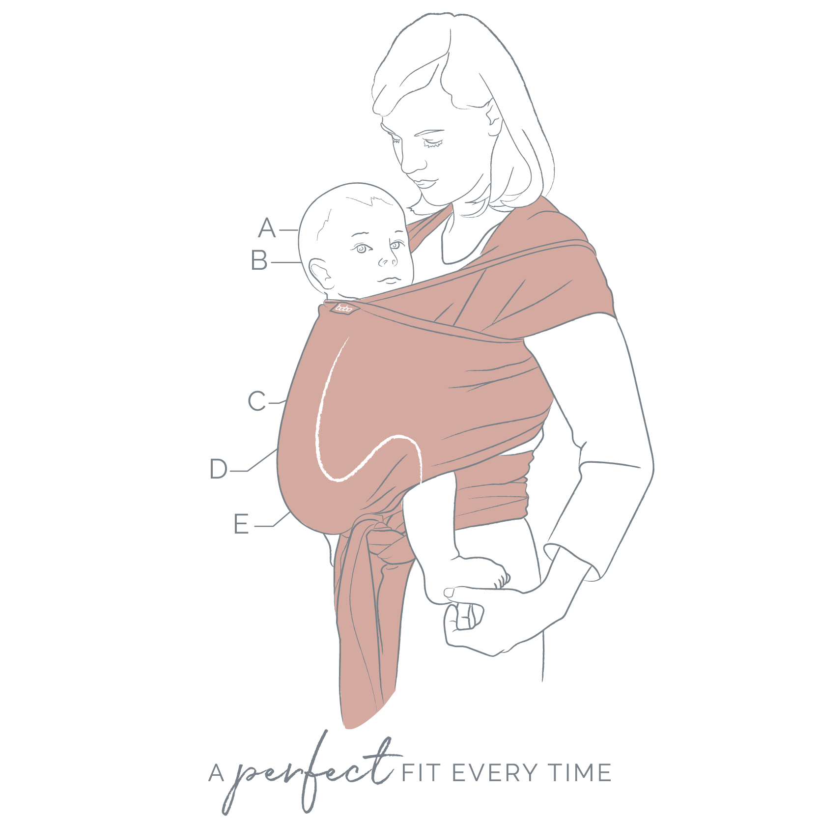 Line illustration of a woman with her baby in a front carry in the wrap carrier.
