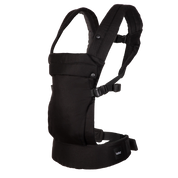 A Boba Auri black baby carrier shown from the side against a solid white background, featuring padded shoulder straps, a front pouch, and a waist belt with a small visible 'boba' brand tag.