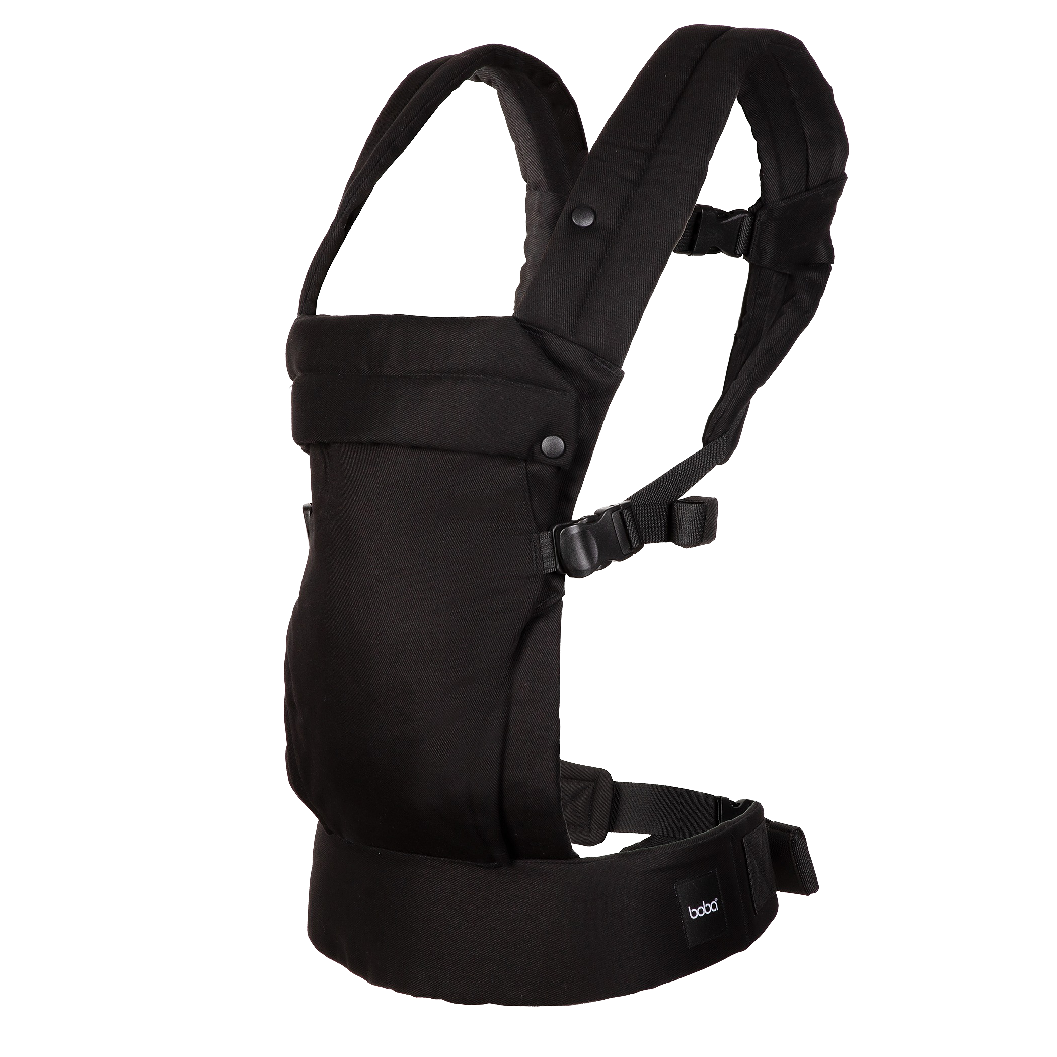 A Boba Auri black baby carrier shown from the side against a solid white background, featuring padded shoulder straps, a front pouch, and a waist belt with a small visible 'boba' brand tag.