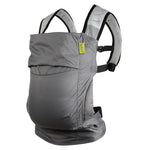 A lightweight, Boba Air Baby Travel Carrier with padded mesh straps, leg openings, adjustable shoulder straps, and an integrated hood. Compact and self-storing, it fits babies 4-24 months (15+ lbs) and children up to 45 lbs, Gray