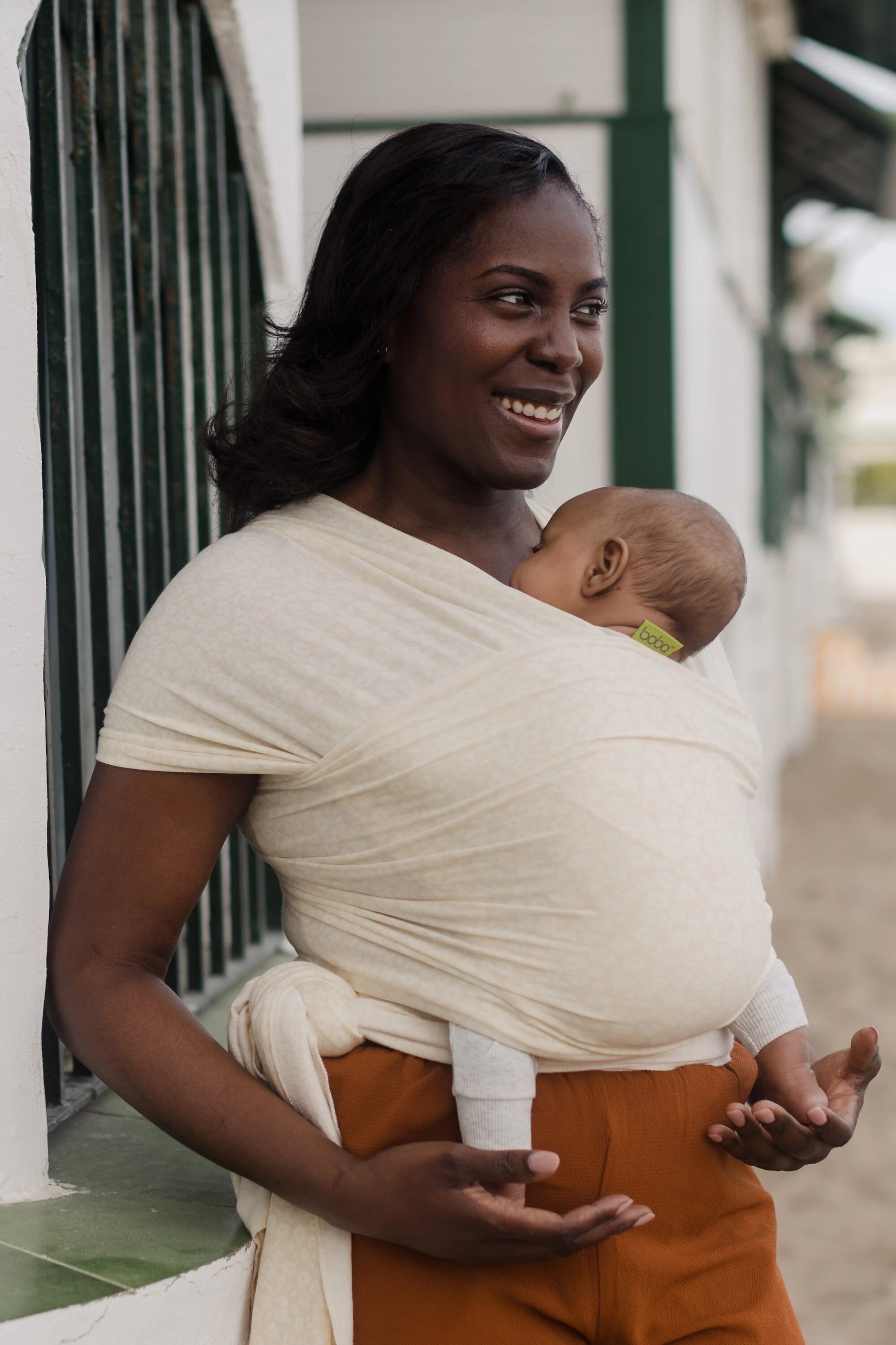 A Boba Serenity Baby Wrap, made from a buttery soft, extra breathable bamboo blend fabric (68% Viscose from Bamboo, 25% Cotton, 7% Spandex). Ergonomic, award-winning design fits babies from 7 Ibs to 35 Ibs, best up to 20 Ibs. Machine washable, dryer friendly, and certified hip-healthy. Oat Meadow