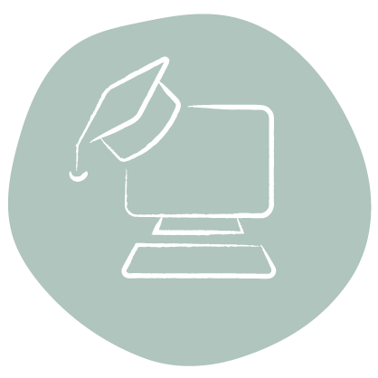 Complementary fit consultation Icon featuring a desktop computer with a mortarboard hat on top implying there is an educational resource.
