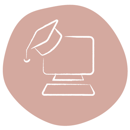 Icon featuring a desktop computer with a mortarboard hat on top implying there is an educational resource.